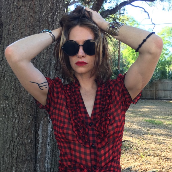 Red and black plaid shear button up top - Picture 2 of 2